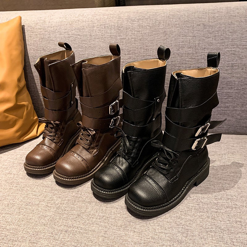 Western Cowboy Boots With Belt Buckle Versatile Mid-Calf Riding Boots European Style British Style Ins Super Popular Motorcycle Boots - Image 5